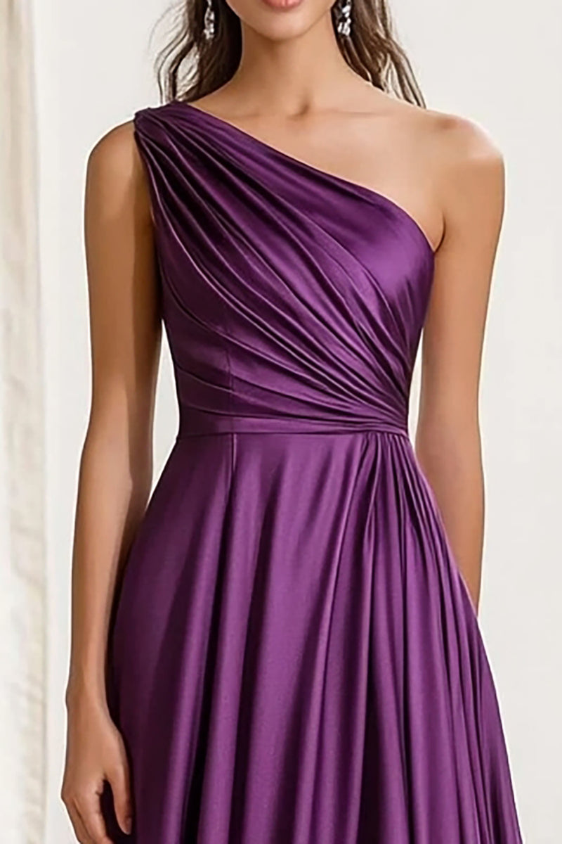 Load image into Gallery viewer, Elegant Plum One Shoulder Ruched Long Satin Formal Dress