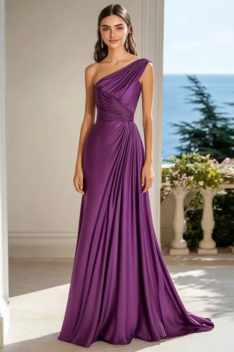 Plum A Line Satin One Shoulder Long Formal Dress