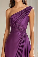 Load image into Gallery viewer, Plum A Line Satin One Shoulder Long Formal Dress