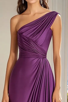 Plum A Line Satin One Shoulder Long Formal Dress