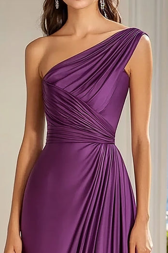 Plum A Line Satin One Shoulder Long Formal Dress
