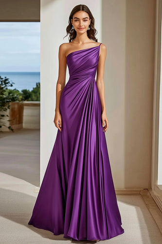 Plum One Shoulder Ruched Long Satin Formal Dress