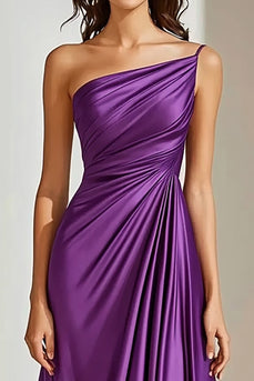 Plum One Shoulder Ruched Long Satin Formal Dress