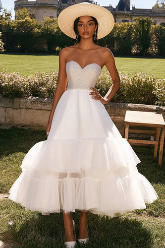 Sparkly White Tulle Beaded Long Engagement Dress with Ruffles