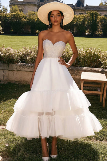 Sparkly White Tulle Beaded Long Engagement Dress with Ruffles