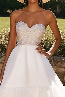Sparkly White Tulle Beaded Long Engagement Dress with Ruffles