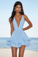 Load image into Gallery viewer, Sky Blue V-Neck Short Graduation Dress with Ruffles