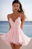 Load image into Gallery viewer, Pink Chiffon Corset V-Neck Short Graduation Dress with Ruffles