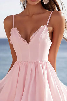 Pink Chiffon Corset V-Neck Short Graduation Dress with Ruffles
