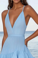 Load image into Gallery viewer, Sky Blue Spaghetti Straps Chiffon Ruffled Short Graduation Dress