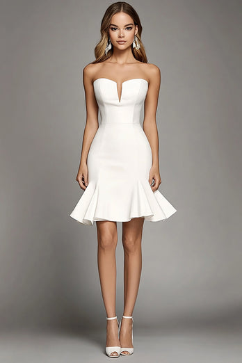 Ivory Strapless Satin Short Work Dress with Ruffles