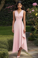 Load image into Gallery viewer, Pink Satin V Neck Sleeveless Long Work Dress with Ruffles
