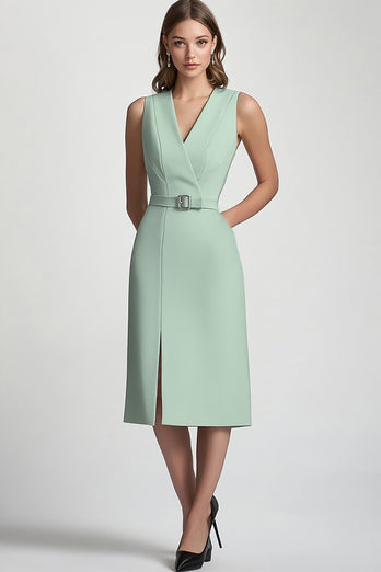 Mint Green V-Neck Bodycon Midi Work Blazer Dress with Slit