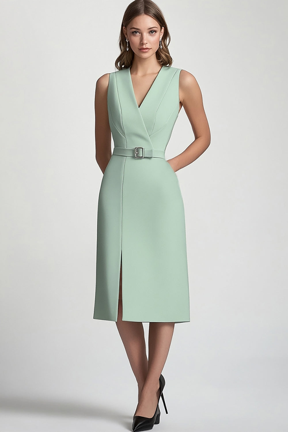 Mint Green V-Neck Bodycon Midi Work Blazer Dress with Slit