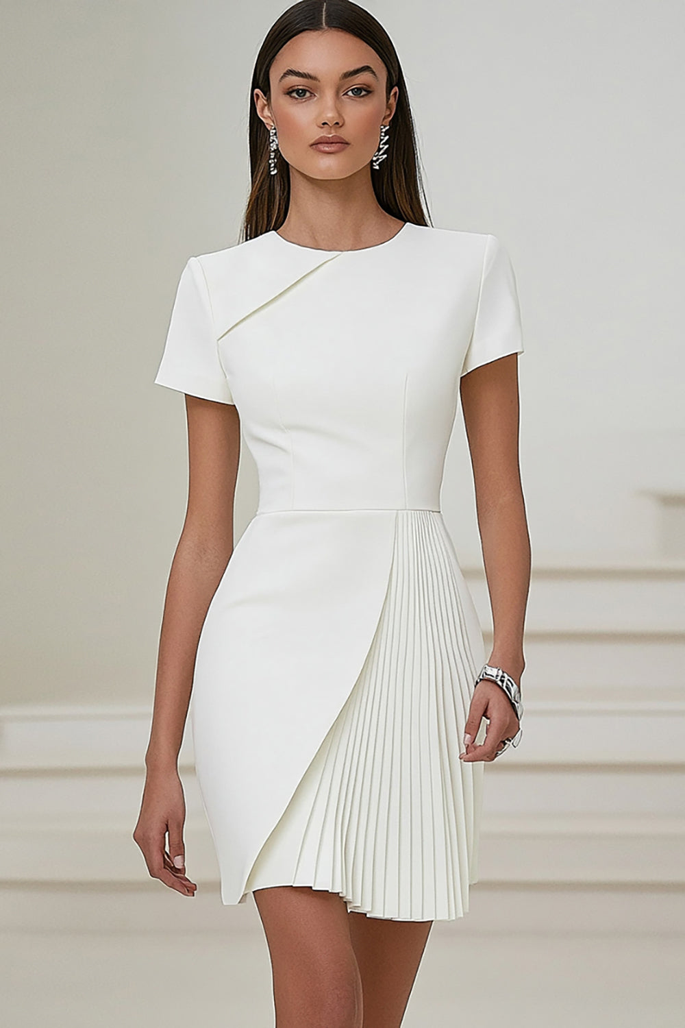 Queendancer Women White Bodycon Short Sleeves Work Dress with Satin Round Neck Pleated Semi Formal Dress