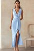 Load image into Gallery viewer, Sky Blue Satin Sheath Deep V-Neck Long Work Dress