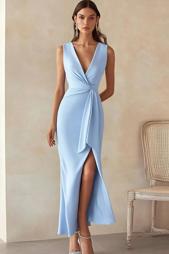 Sky Blue Satin Sheath Deep V-Neck Long Work Dress