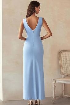 Sky Blue Satin Sheath Deep V-Neck Long Work Dress