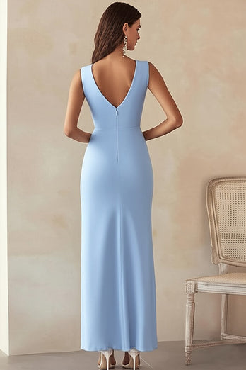 Sky Blue Satin Sheath Deep V-Neck Long Work Dress