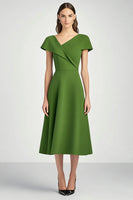 Load image into Gallery viewer, Green A Line Satin Asymmetrical Neck Midi Work Dress with Sleeves