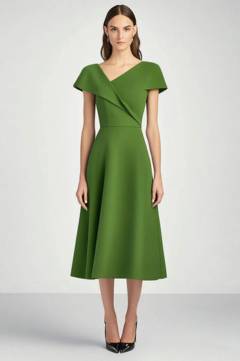 Green A Line Satin Asymmetrical Neck Midi Work Dress with Sleeves