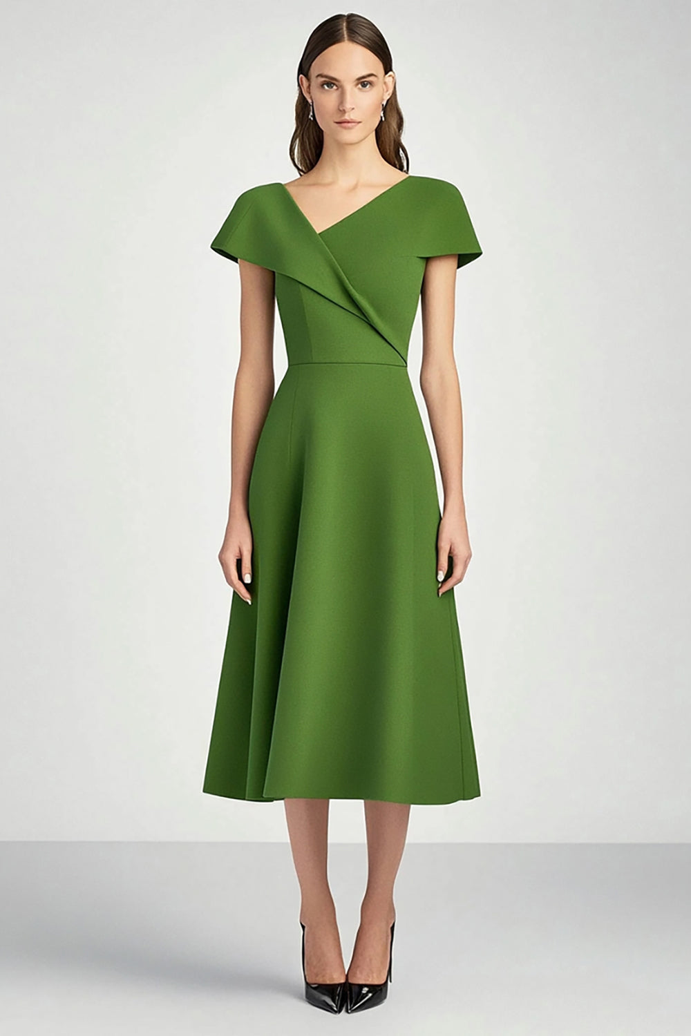 Green A Line Satin Asymmetrical Neck Midi Work Dress with Sleeves