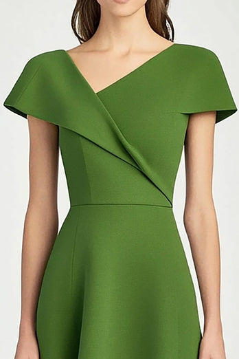Green A Line Satin Asymmetrical Neck Midi Work Dress with Sleeves