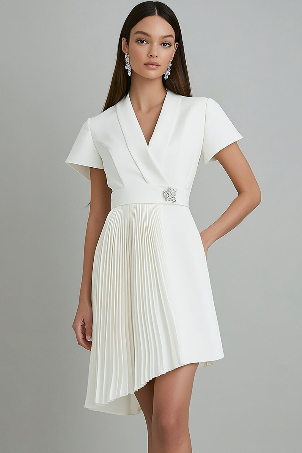 Ivory A Line Satin V Neck Pleated Short Work Blazer Dress