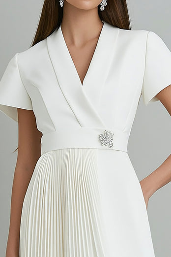 Ivory A Line Satin V Neck Pleated Short Work Blazer Dress