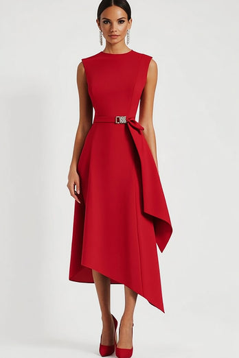 Red A Line Tie Front Midi Work Dress with Ruffles