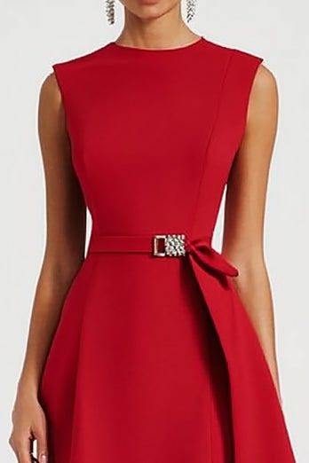 Red A Line Tie Front Midi Work Dress with Ruffles