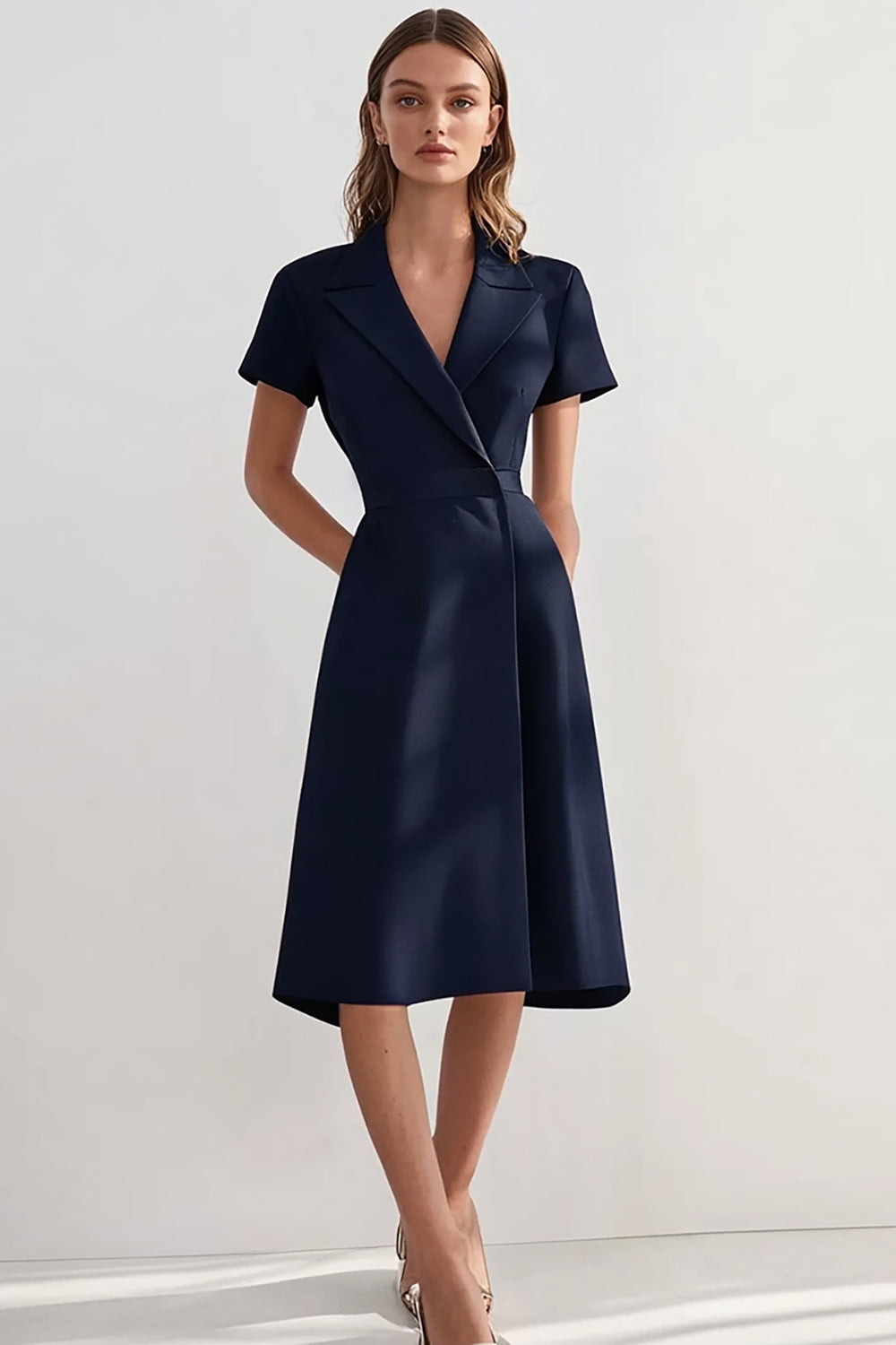 Navy A Line Peak Lapel Midi Work Blazer Dress with Sleeves