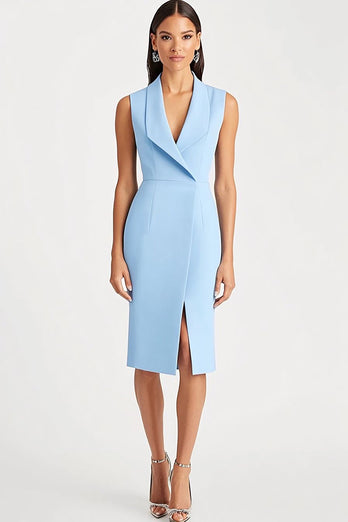 Sky Blue Satin Shawl Lapel Bodycon Midi Work Blazer Dress