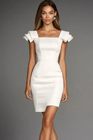 Load image into Gallery viewer, Ivory Bodycon Satin Square Neck Short Work Dress