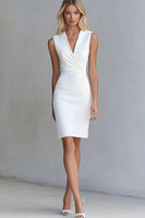Load image into Gallery viewer, Queendancer Women Ivory Satin Short Work Dress Bodycon V-Neck Sleeveless Semi Formal Dress