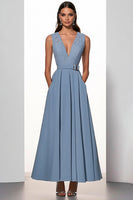 Load image into Gallery viewer, Grey Blue A Line Deep V-Neck Long Work Dress with Pockets