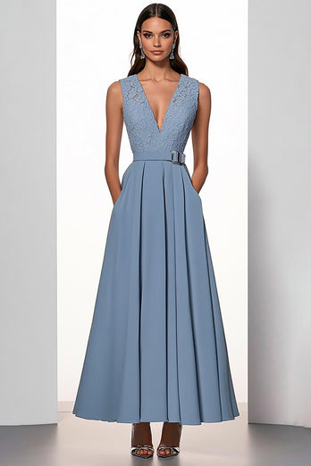 Grey Blue A Line Deep V-Neck Long Work Dress with Pockets