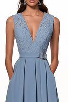 Load image into Gallery viewer, Grey Blue A Line Deep V-Neck Long Work Dress with Pockets