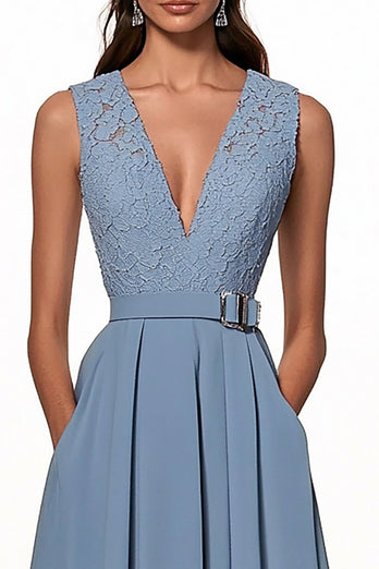 Grey Blue A Line Deep V-Neck Long Work Dress with Pockets