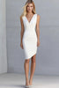 Load image into Gallery viewer, Ivory Satin V-Neck Ruched Asymmetrical Work Dress