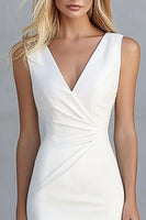 Load image into Gallery viewer, Ivory Satin V-Neck Ruched Asymmetrical Work Dress