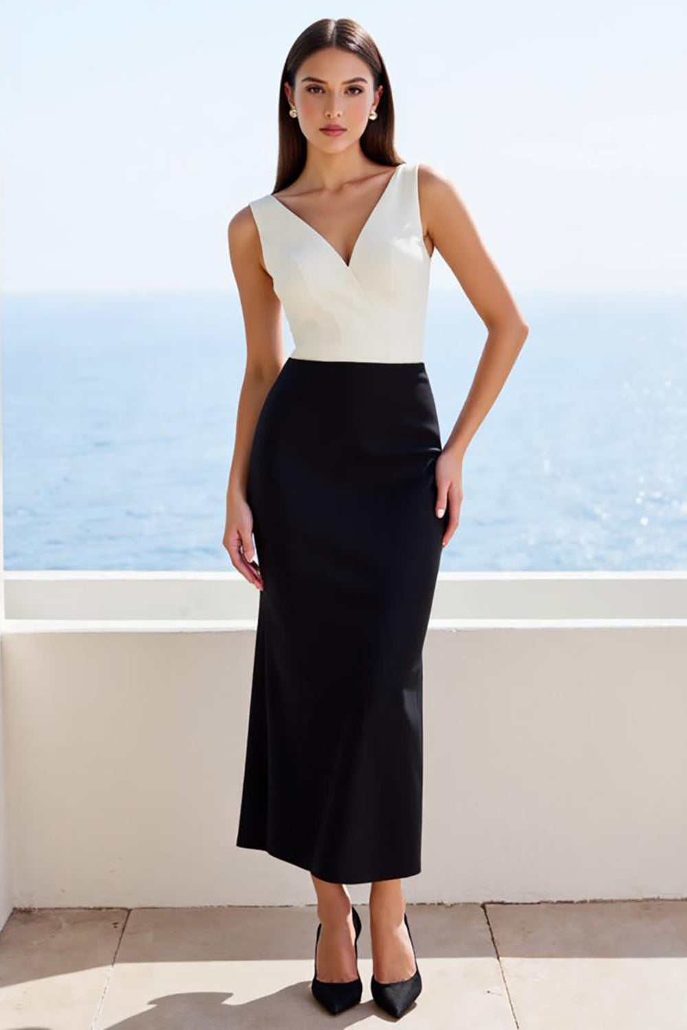 Black and White Mermaid Satin Long Work Dress