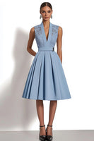 Load image into Gallery viewer, Grey Blue A Line Deep V-Neck Midi Work Dress