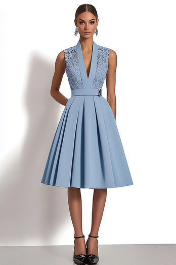 Grey Blue A Line Deep V-Neck Midi Work Dress