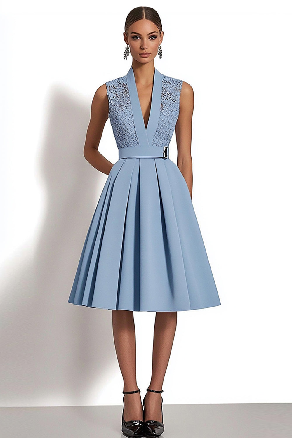 Grey Blue A Line Deep V-Neck Midi Work Dress