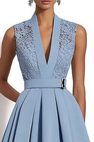 Load image into Gallery viewer, Grey Blue A Line Deep V-Neck Midi Work Dress