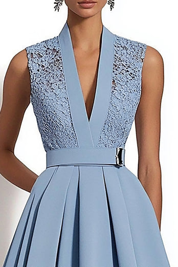 Grey Blue A Line Deep V-Neck Midi Work Dress
