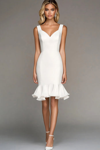 Ivory Bodycon Satin Ruffled Midi Work Dress