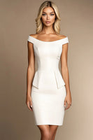 Load image into Gallery viewer, Off the Shoulder Ivory Satin Bodycon Short Work Dress