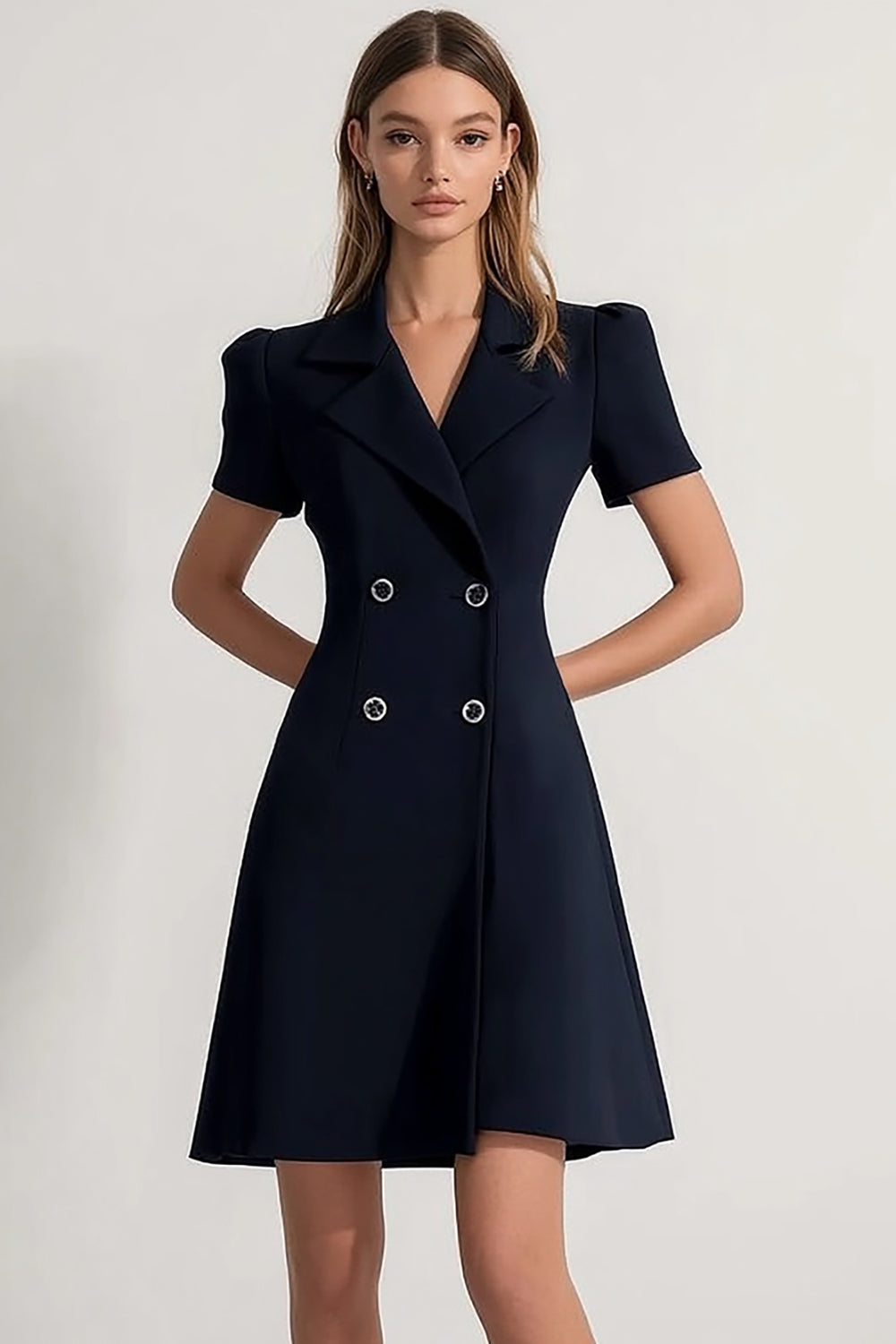 Navy A Line Notched Lapel Double Breasted Short Work Blazer Dress